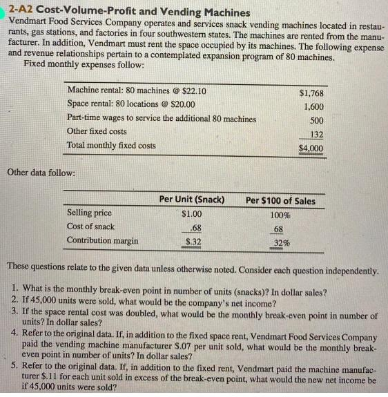 2-A2 Cost-Volume-Profit and Vending Machines Vendmart Food Services Company operates and services snack vending machines loca