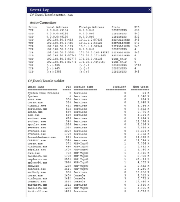 x Server4 Log C:\Users\Team3>netstat - oan Active Connections Proto Local Address Foreign Address State TCP 0.0.0.0:49154 0.0