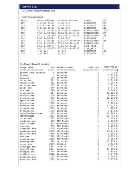 x Server1 Log C:\Users Team3>netstat-oan Active Connections Proto Local Address Foreign Address State ICP 0.0.0.0:49154 0.0.0