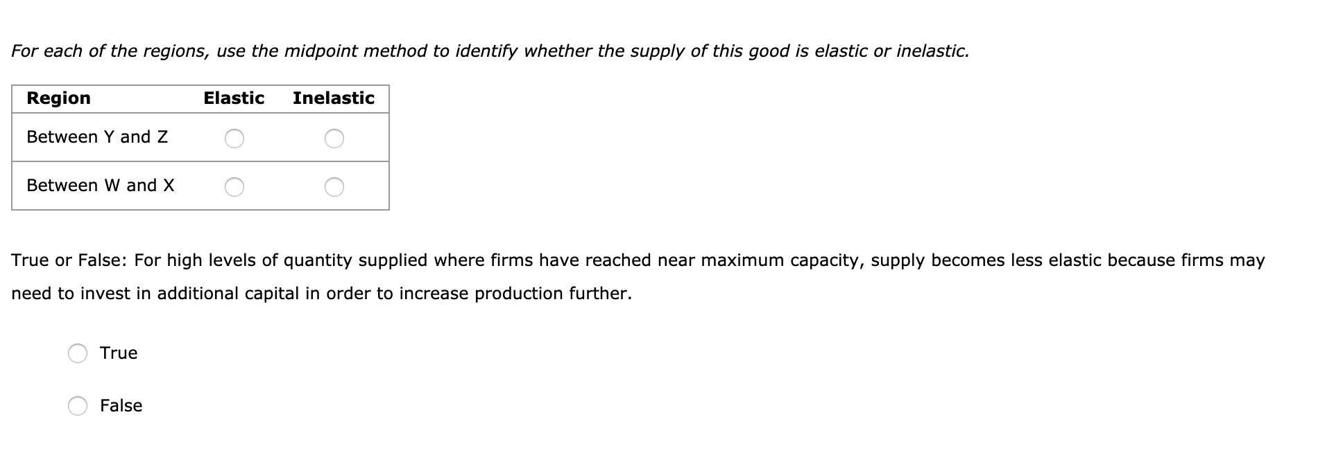 For each of the regions, use the midpoint method to identify whether the supply of this good is elastic or inelastic. Region