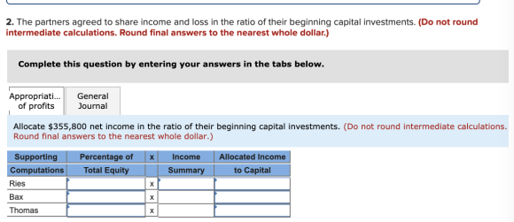 2. The partners agreed to share income and loss in the ratio of their beginning capital investments. (Do not round intermedia