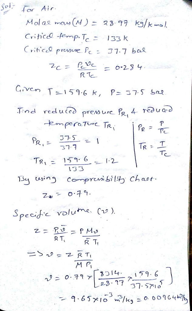 Determine The Specific Volume (m3/kg) Of Air At T = 159.6 K And P = 37. ...