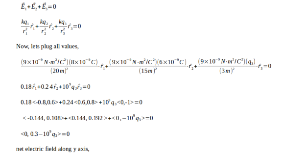 E+E2+E-0 r2 Now, lets plug all values, 20m) (15m) 0.18「+0.24ん+10q3r3:0 0.18<-0.8,0.6>+0.24<0.6,0.8>+109q,<0,-1>=0 <-0.144,