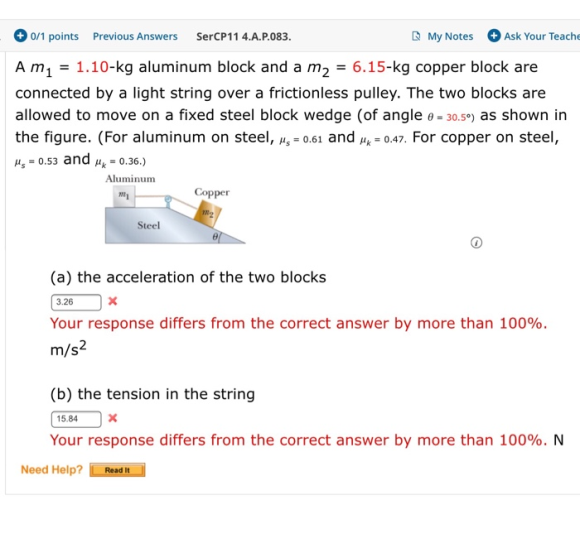 + 0/1 points Previous Answers SerCP11 4.A.P.083. My Notes + Ask Your Teache A m1 = 1.10-kg aluminum block and a m2 = 6.15-kg
