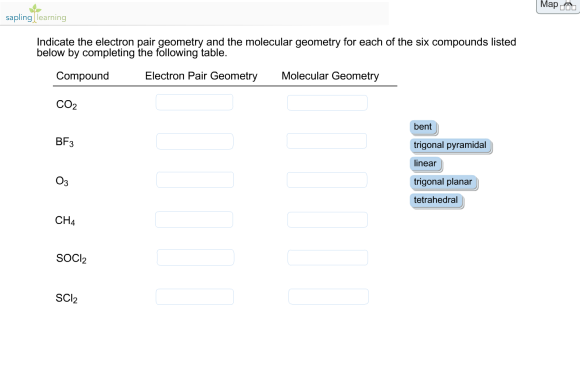 Indicate the electron pair geometry and the molecu