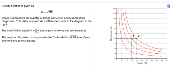 A utility function is given as where B represents the quantity of books consumed and M represents magazines. This utility is shown via indifference curves in the diagram to the right. 30 The level of utility at point V is 20 (round your answer to one decimal place). 25 The marginal utility when moving from bundle T to bundle V is 268 (round your answer to two decimal places) 0 5 10 15 20 25 30 35 40 45 50 Books (B)