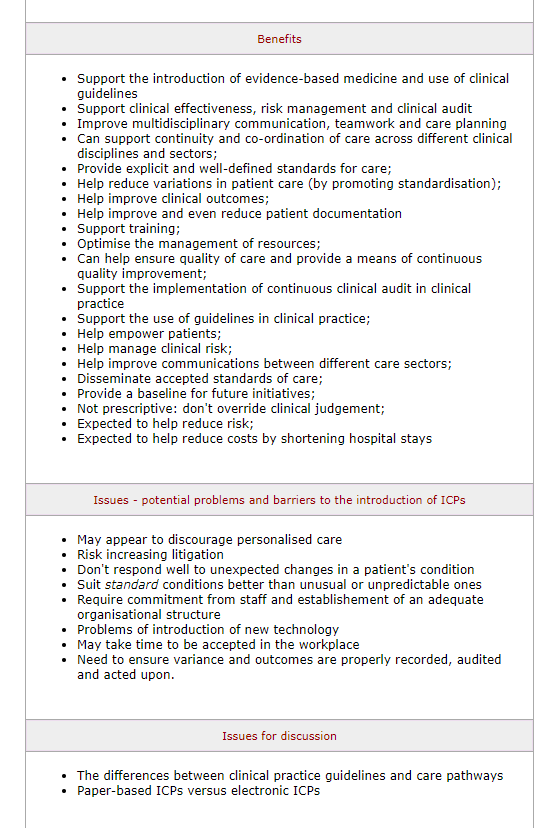 Benefits • Support the introduction of evidence-based medicine and use of clinical guidelines Support clinical effectiveness,