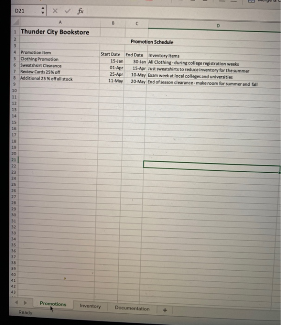 D21 D. 1 Thunder City Bookstore Promotion Schedule 4 Promotion Item 5 Clothing Promotion 6 Sweatshsirt Clearance 7 Review Car
