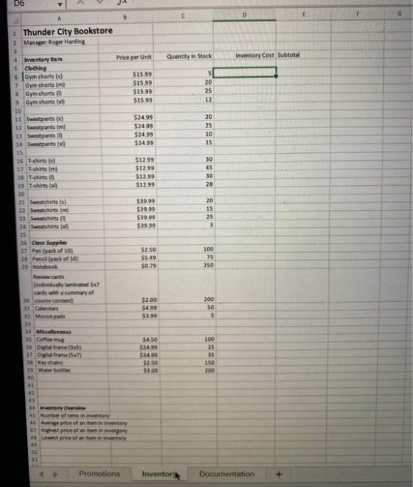 D6 1 Thunder City Bookstore 2 Manager: Roger Harding Inventory Cost Subtotal Quantity in Stock Price per Unit Inventory Iitem