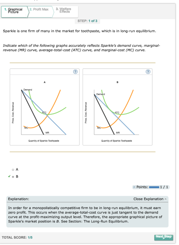 1. Graphica 2. Profit Max3. Welfare Effects cture STEP: 1 of 3 Sparkle is one firm of many in the market for toothpaste, which is in long-run equilibrium. Indicate which of the following graphs accurately reflects Sparkles demand curve, marginal revenue (MR) curve, average-total-cost (ATC) curve, and marginal-cost (MC) curve. Demand MR MR Quantity of Sparkle Toothpaste Quantity of Sparkle Toothpaste Points:1/1 Explanation Close Explanation In order for a monopolistically competitive firm to be in long-run equilibrium, it must earn zero profit. This occurs when the average-total-cost curve is just tangent to the demand curve at the profit-maximizing output level. Therefore, the appropriate graphical picture of Sparkles market position is B. See Section: The Long-Run Equilibrium. TOTAL SCORE: 1/5 Next Step