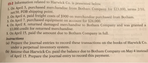 Information related to Harwick Co. is presented below. On April 5, purchased merchandise from Botham Company for $23,000, ter