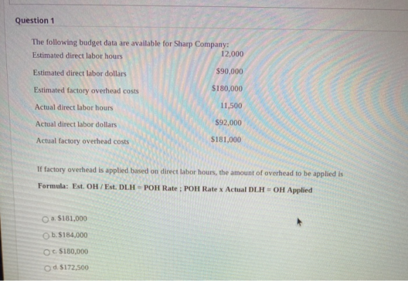 Question 1 The following budget data are available for Sharp Company: Estimated direct labor hours 12,000 Estimated direct la