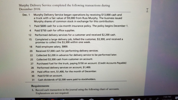 Murphy Delivery Service completed the following transactions during December 2018: Dec. 1 Murphy Delivery Service began opera