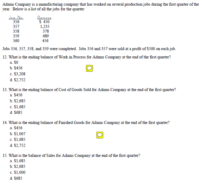 Adams Company is a manufacturing company that has worked on several production jobs during the first quarter of the year. Bel