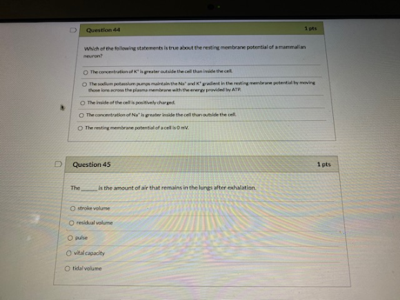 Question 44 1 pts Which of the following statements is true about the resting membrane potential of a mammalian neuron? The c